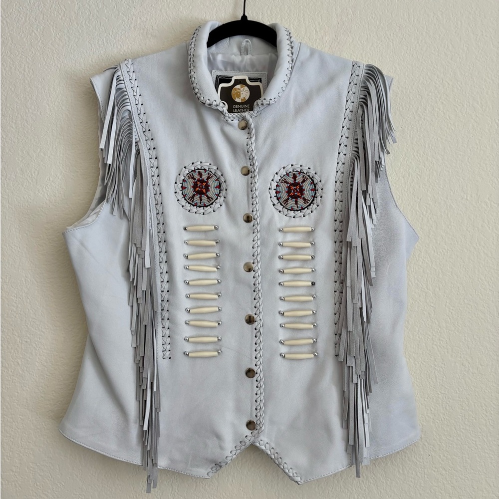 Fringed White Leather Vest with Embroidery